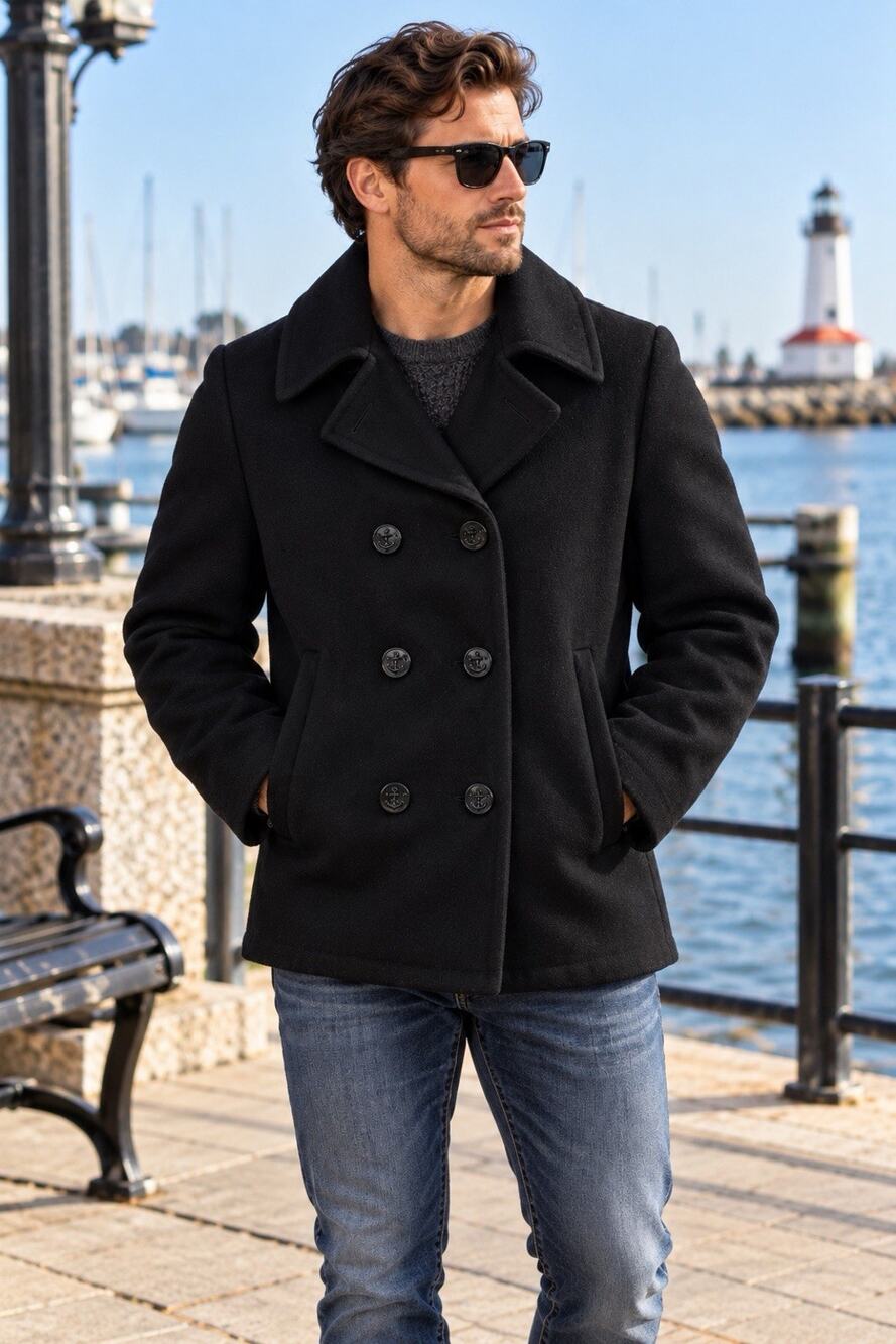Fox Knapp Men’s Small Black Wool Peacoat Anchor Buttons USA
